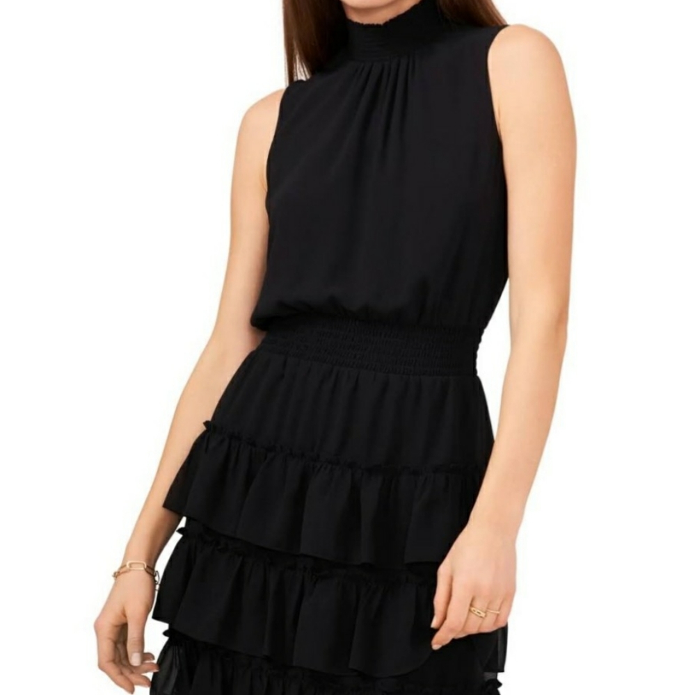 Tiered smock necked ruffle sleeveless dress